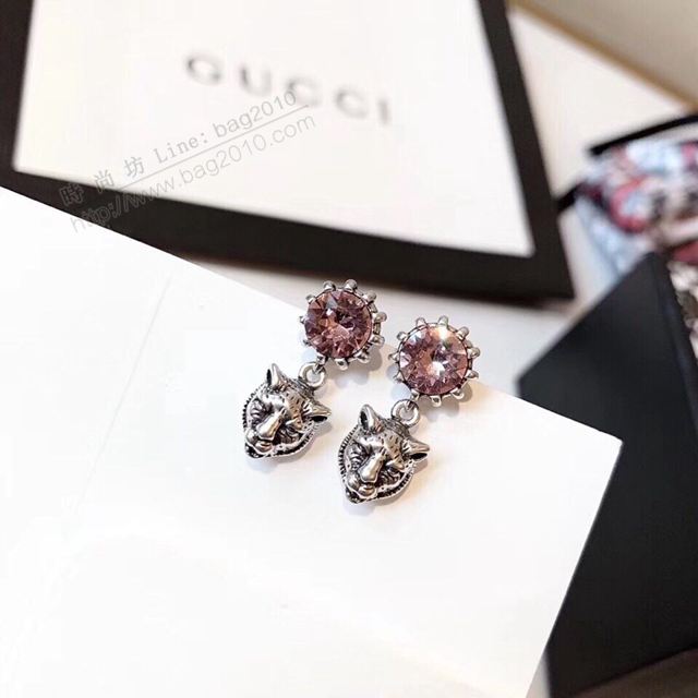 GUCCi飾品 黃銅材質搭配純銀針 古馳耳環吊環 Gucci粉鑽豹頭耳釘  zgbq1163